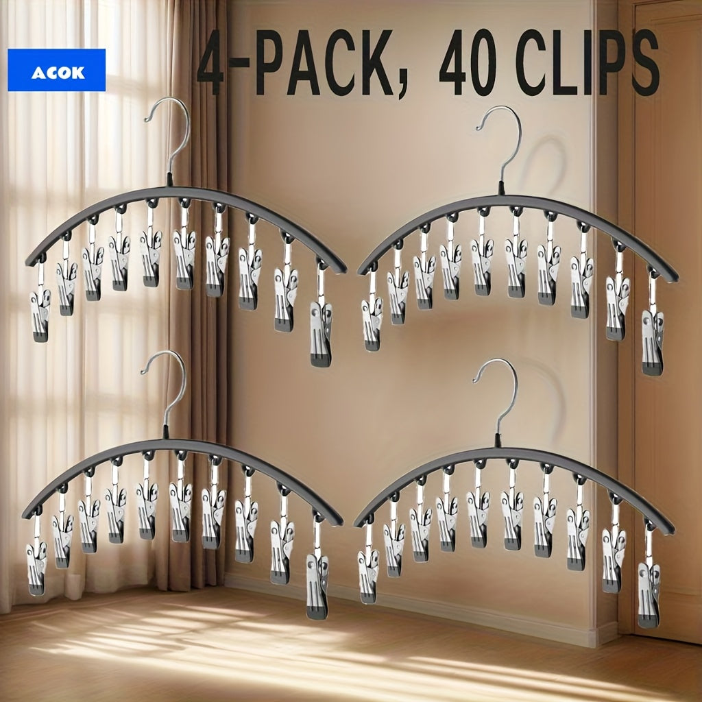 10-Clip Windproof Stainless Steel Pants Hanger - Strong Clamping Force, Nano Rubber Non-Slip, Lightweight, Space-Saving Laundry Drying Rack with Clothes, Underwear, Hosiery Organizer for Closet Storage