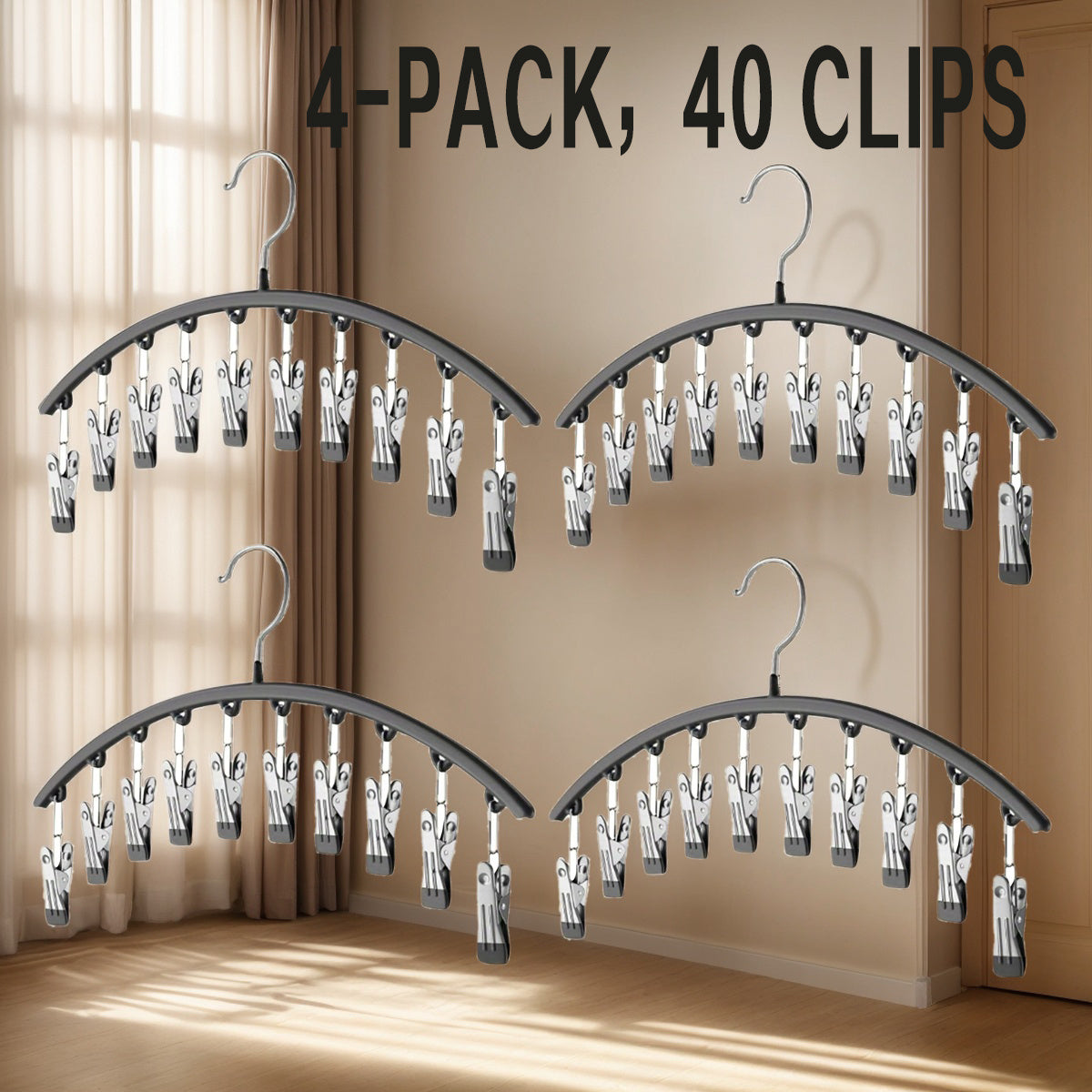 10-Clip Windproof Stainless Steel Pants Hanger - Strong Clamping Force, Nano Rubber Non-Slip, Lightweight, Space-Saving Laundry Drying Rack with Clothes, Underwear, Hosiery Organizer for Closet Storage