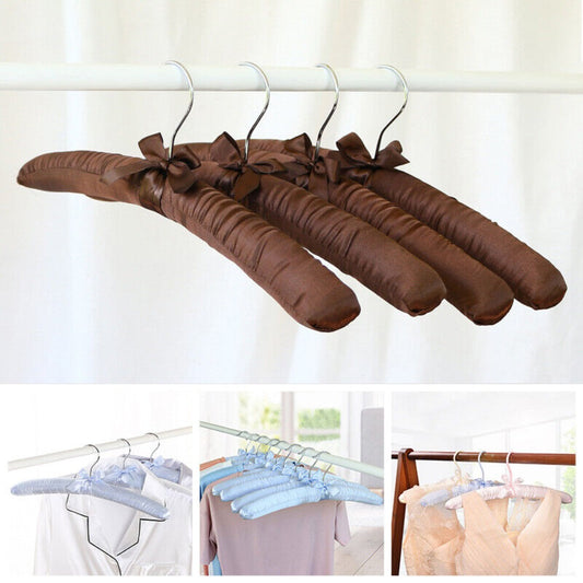 5pcs Satin Padded Clothes Hangers - Non-Slip, Space-Saving Design for Shirts, Dresses & Jackets, 360° Chrome Swivel Hook, Brown Bow Accent, Wrinkle-Free Display Racks