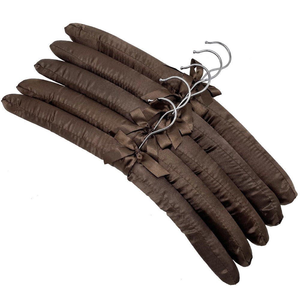 5pcs Satin Padded Clothes Hangers - Non-Slip, Space-Saving Design for Shirts, Dresses & Jackets, 360° Chrome Swivel Hook, Brown Bow Accent, Wrinkle-Free Display Racks