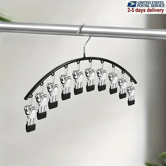 10-Clip Windproof Stainless Steel Pants Hanger - Strong Clamping Force, Nano Rubber Non-Slip, Lightweight, Space-Saving Laundry Drying Rack with Clothes, Underwear, Hosiery Organizer for Closet Storage