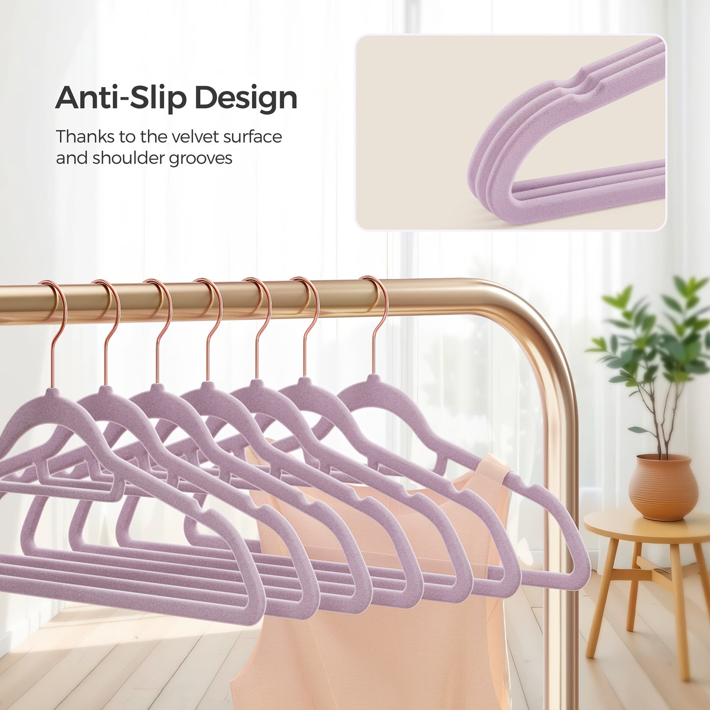 Velvet Hangers, Set of 50 Clothes Hanger with Rose Gold Swivel Hook, Non-Slip, and Space-Saving, 0.2-Inch Thick, 17.1-Inch Long for Coat, Shirt, Dress, Pants, Tie