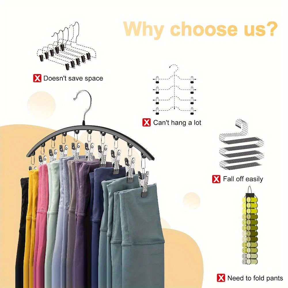10-Clip Windproof Stainless Steel Pants Hanger - Strong Clamping Force, Nano Rubber Non-Slip, Lightweight, Space-Saving Laundry Drying Rack with Clothes, Underwear, Hosiery Organizer for Closet Storage