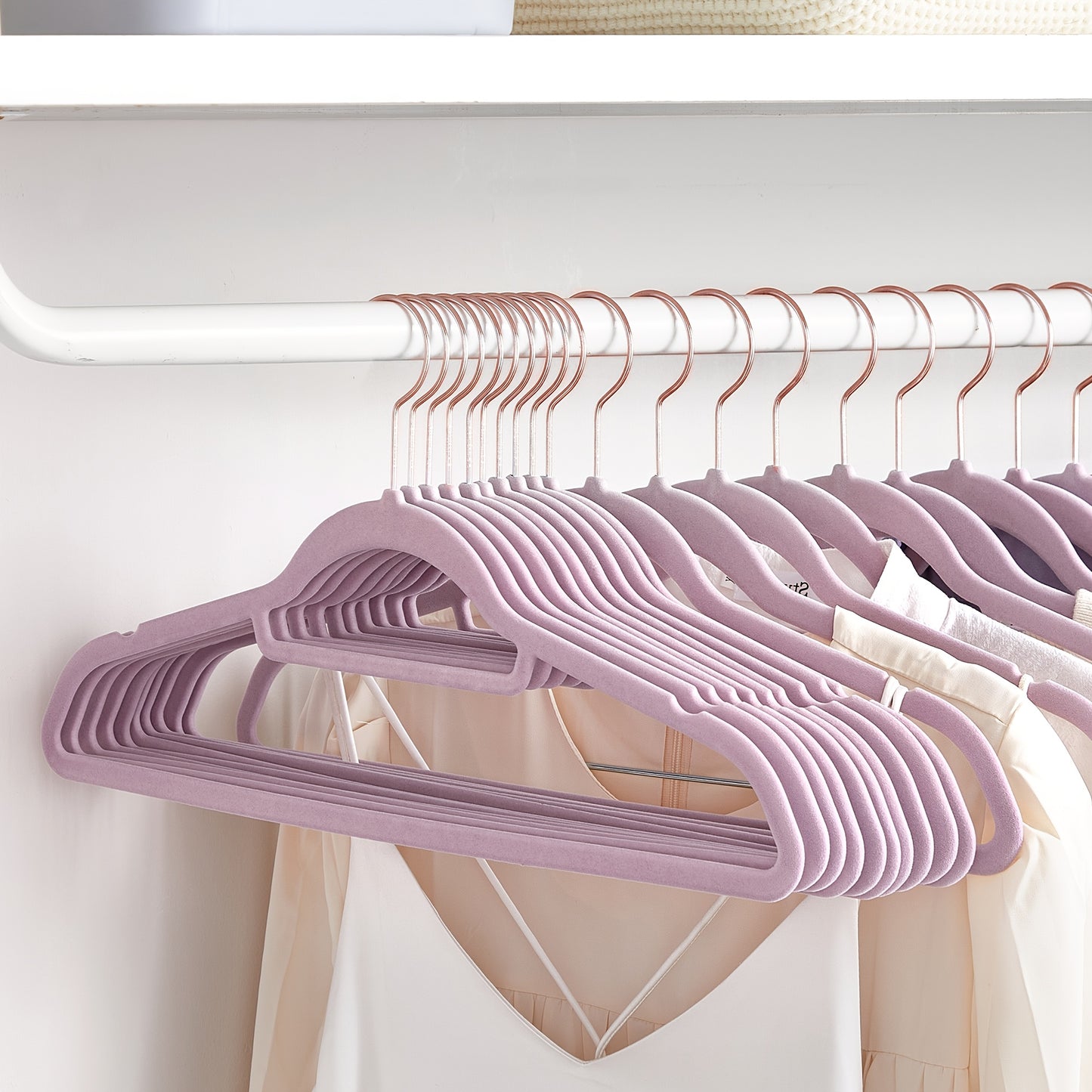 Velvet Hangers, Set of 50 Clothes Hanger with Rose Gold Swivel Hook, Non-Slip, and Space-Saving, 0.2-Inch Thick, 17.1-Inch Long for Coat, Shirt, Dress, Pants, Tie